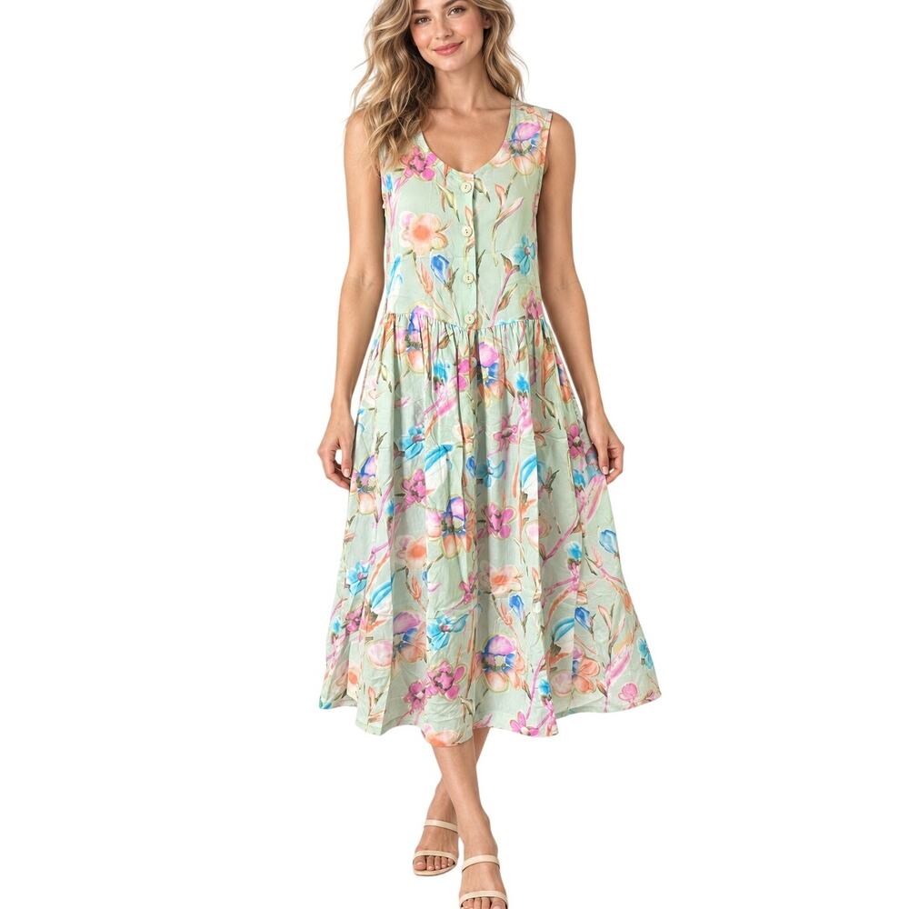 Vintage SMW Style My Way Dress Womens M Green Floral Button Front Drop Waist